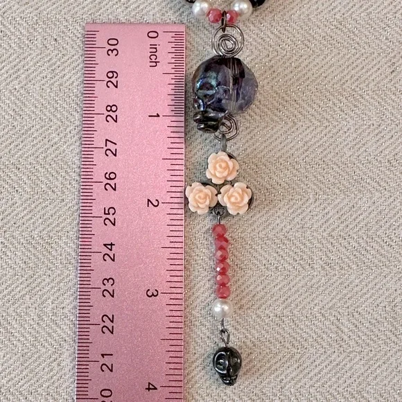 Handmade Skull & Roses Whimsical Necklace, Bracelet & Earrings Set Coral Peach - Picture 3 of 17
